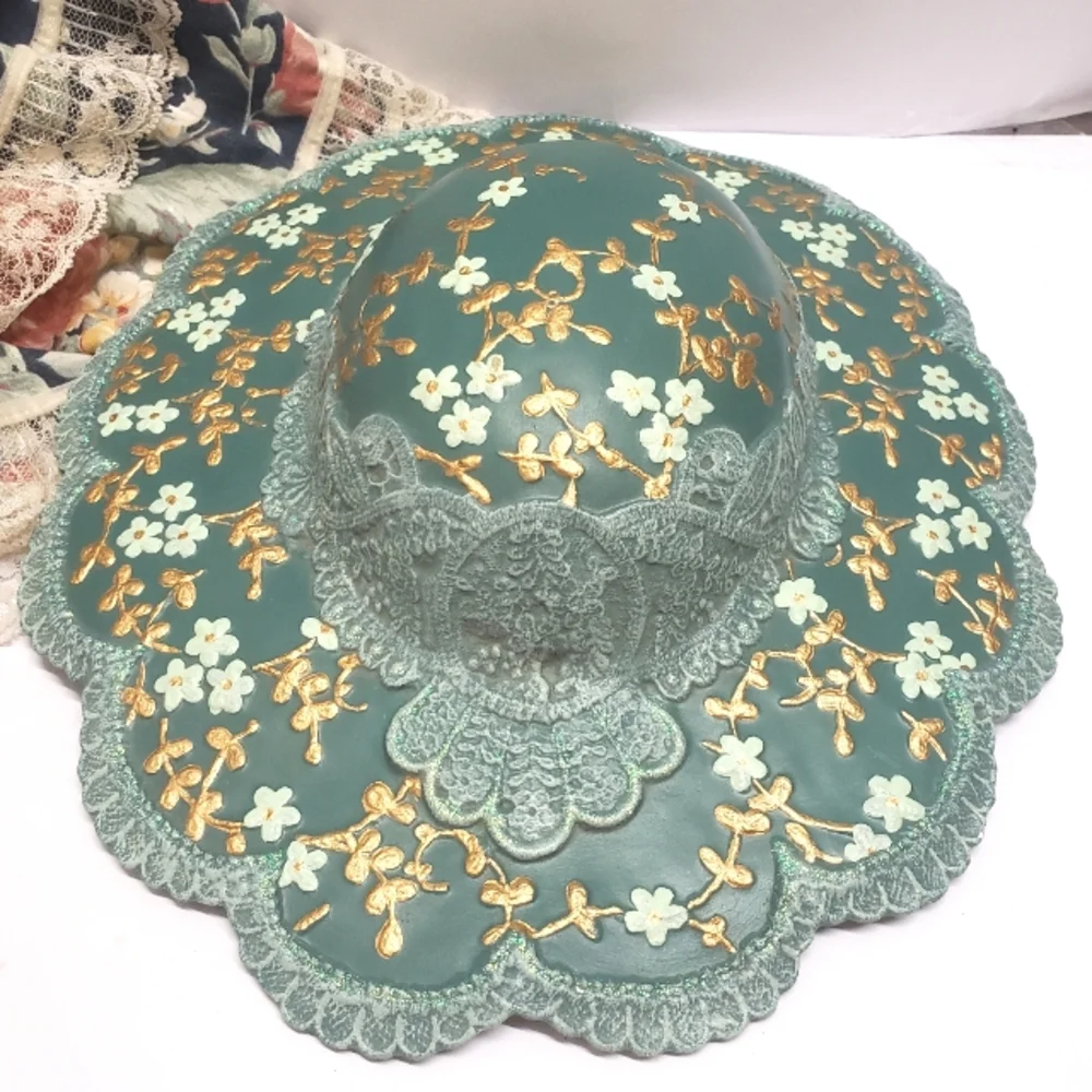 Ceramic Hand Painted Green & Gold Floral Ladies Hat Wall Hanging Artist Signed